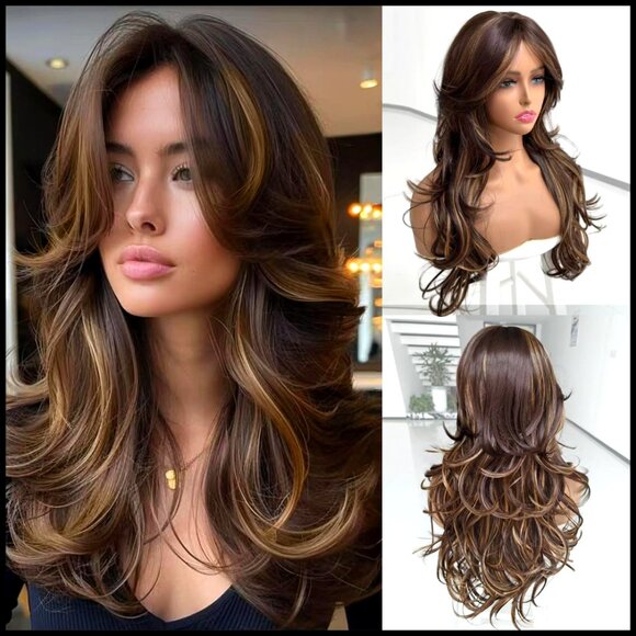Long Layered Wavy Wig with Curtain Bangs Synthetic Hair Glueless Cap Daily Use main image 7